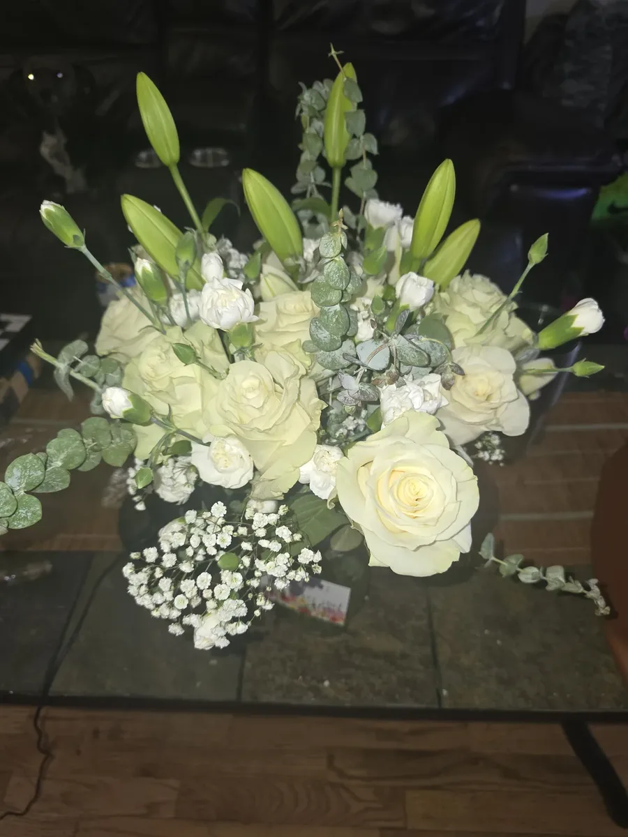 Blondie — white and ivory rose arrangement with eucalyptus | Lola in Bloom Houston Heights