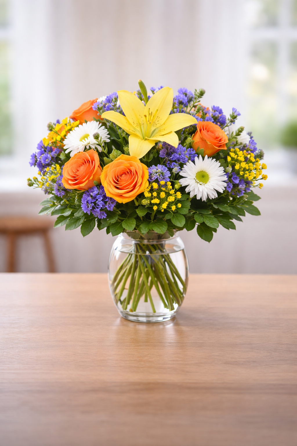 Colorful congratulations bouquet in a clear vase for promotions, milestones, and celebrations