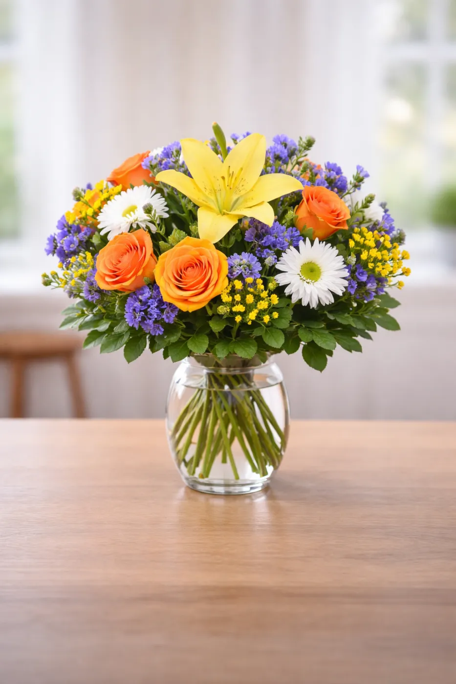 Colorful congratulations bouquet in a clear vase for promotions, milestones, and celebrations