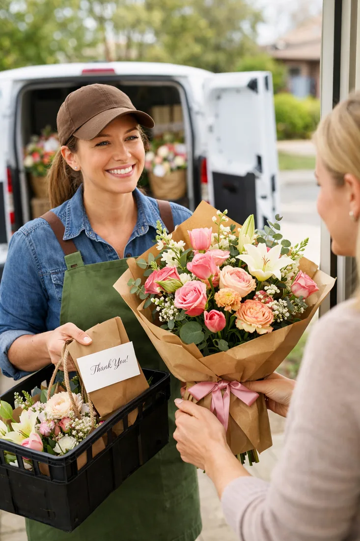 Lola in Bloom florist delivering a hand-tied bouquet to a customer at the door