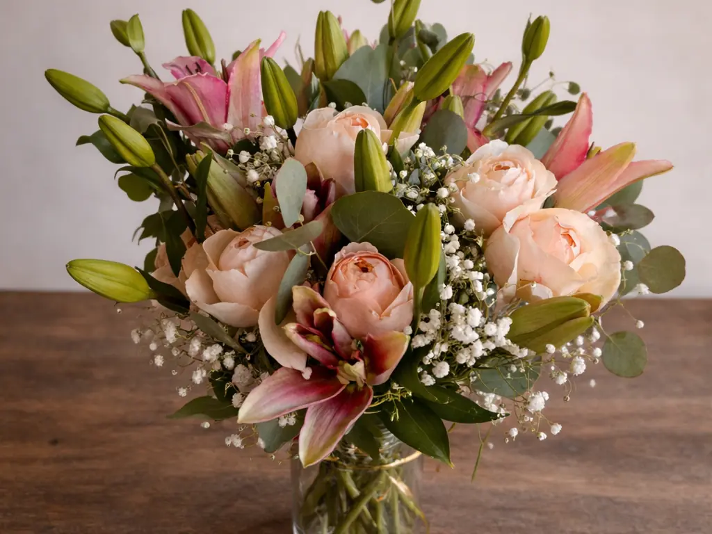 Lola in Bloom florist delivering a hand-tied bouquet to a customer at the door