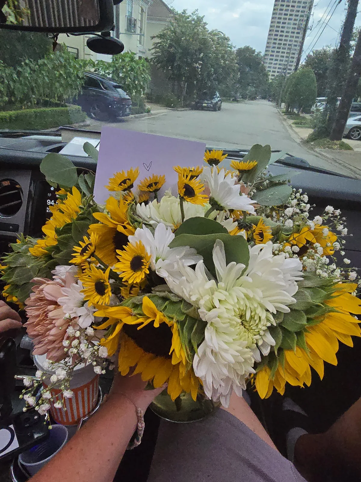 Hospital Flower Delivery Houston | Sunflower Arrangement | Lola in Bloom Sunflower and white mum arrangement for Houston hospital flower delivery — Lola in Bloom same-day