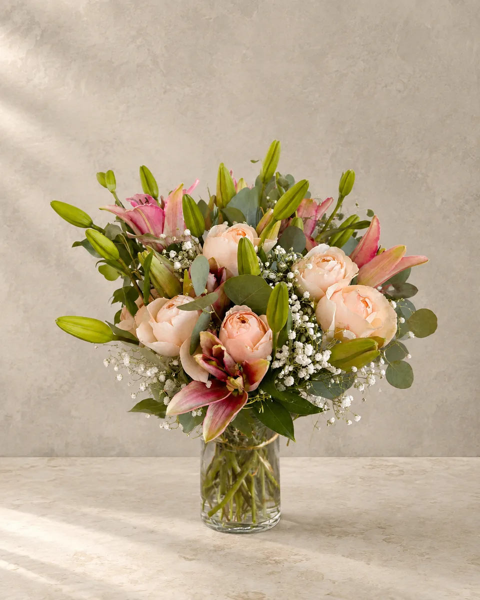 Lola in Bloom florist delivering a hand-tied bouquet to a customer at the door