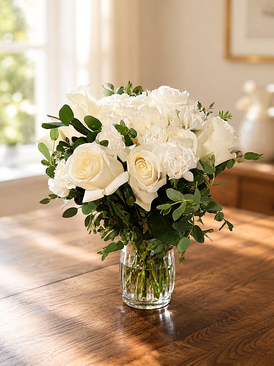 White rose and eucalyptus arrangement by Lola in Bloom, Houston