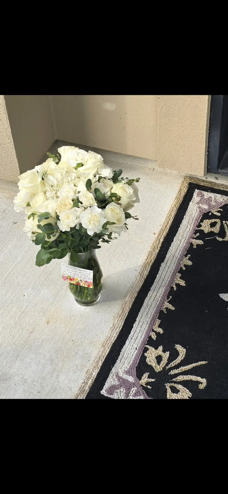 Houston Funeral Flowers | White Rose Delivery | Lola in Bloom White roses and white carnations in clear vase delivered to Houston home — funeral and sympathy flower delivery